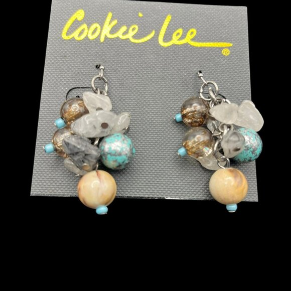 Vintage Cookie Lee Earrings Multicolored Bead Cluster Silver Tone Teal Brown NEW - Picture 3 of 6